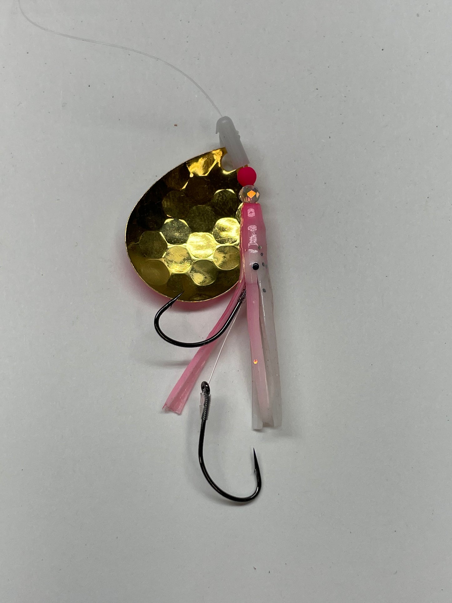 DinoMite 3.5c Hoochie Spinner White Pink Fade 24k Gold