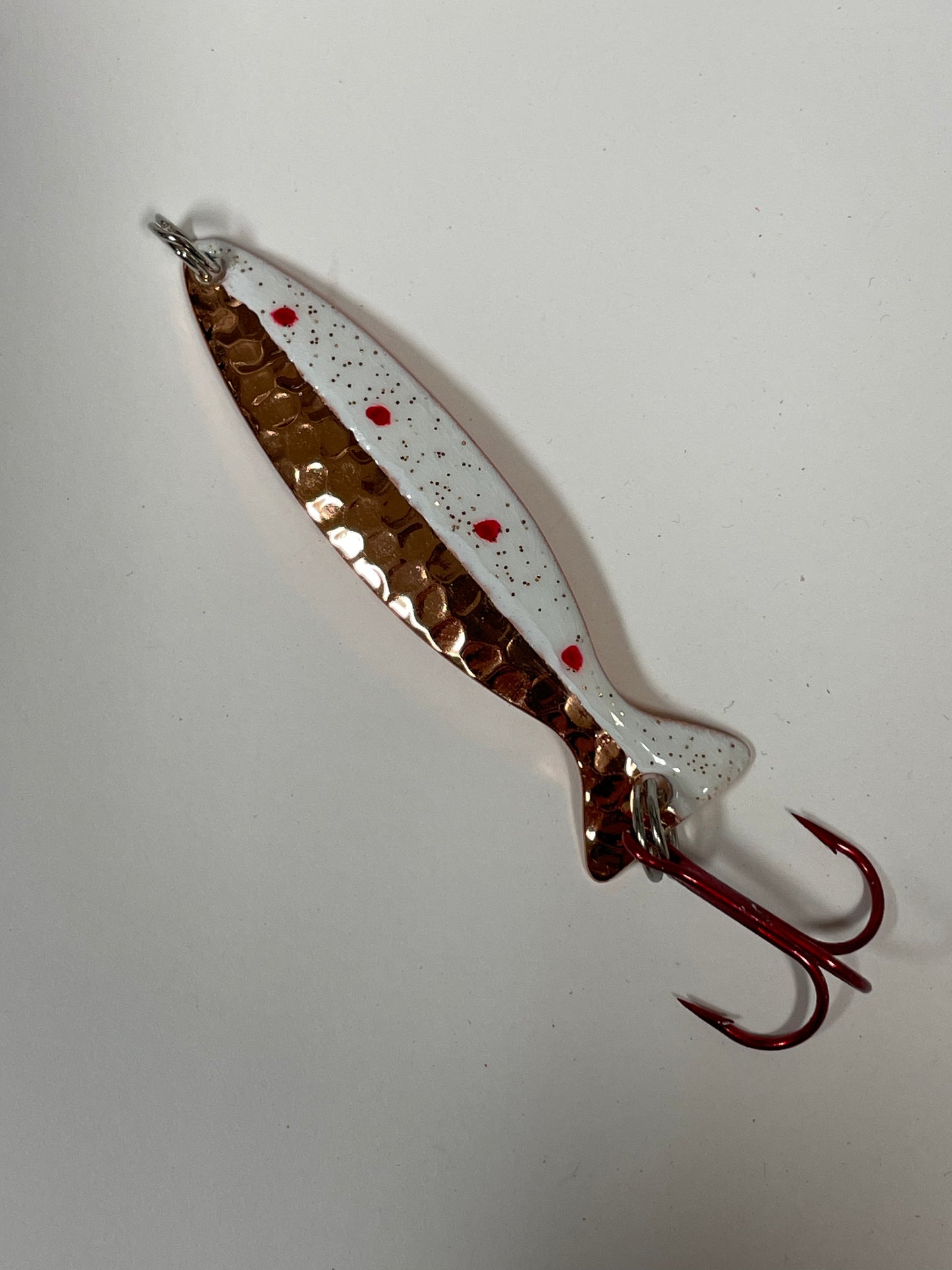 Minnow Spoon Half White red dots Hammered Copper
